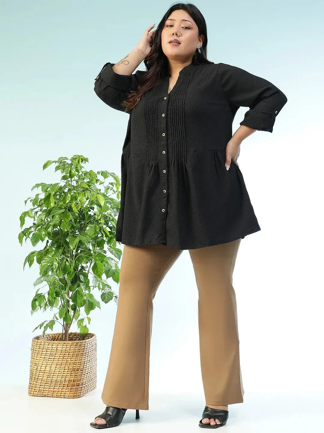 zentail-solid-black-long-sleeve-pleates-detail-button-down-plus-size-women-dobby-tunic