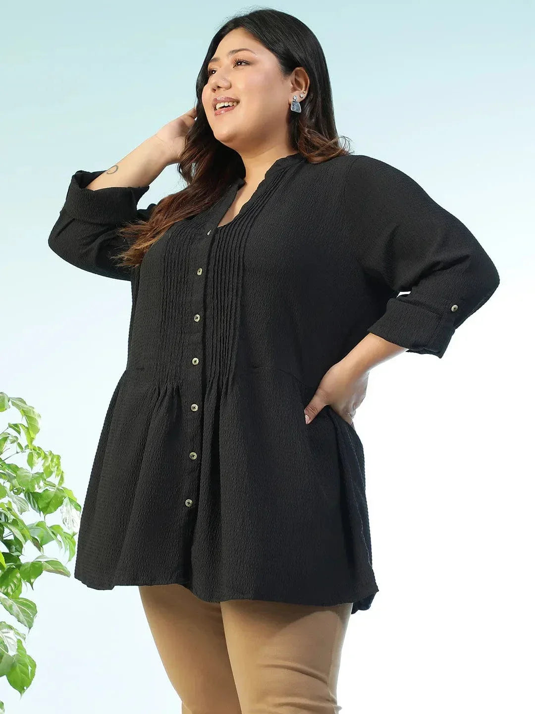 zentail-solid-black-long-sleeve-pleates-detail-button-down-plus-size-women-dobby-tunic