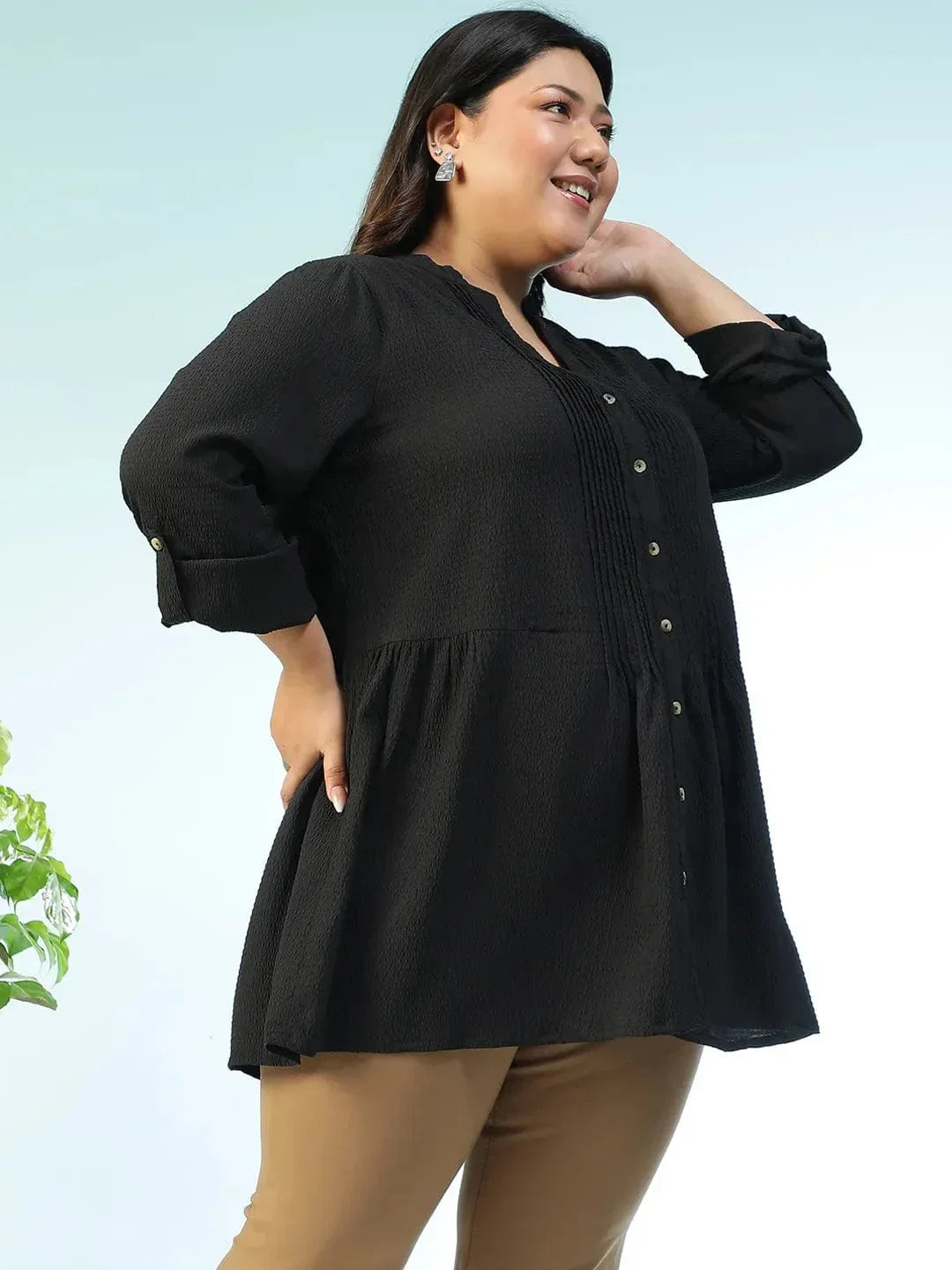 zentail-solid-black-long-sleeve-pleates-detail-button-down-plus-size-women-dobby-tunic