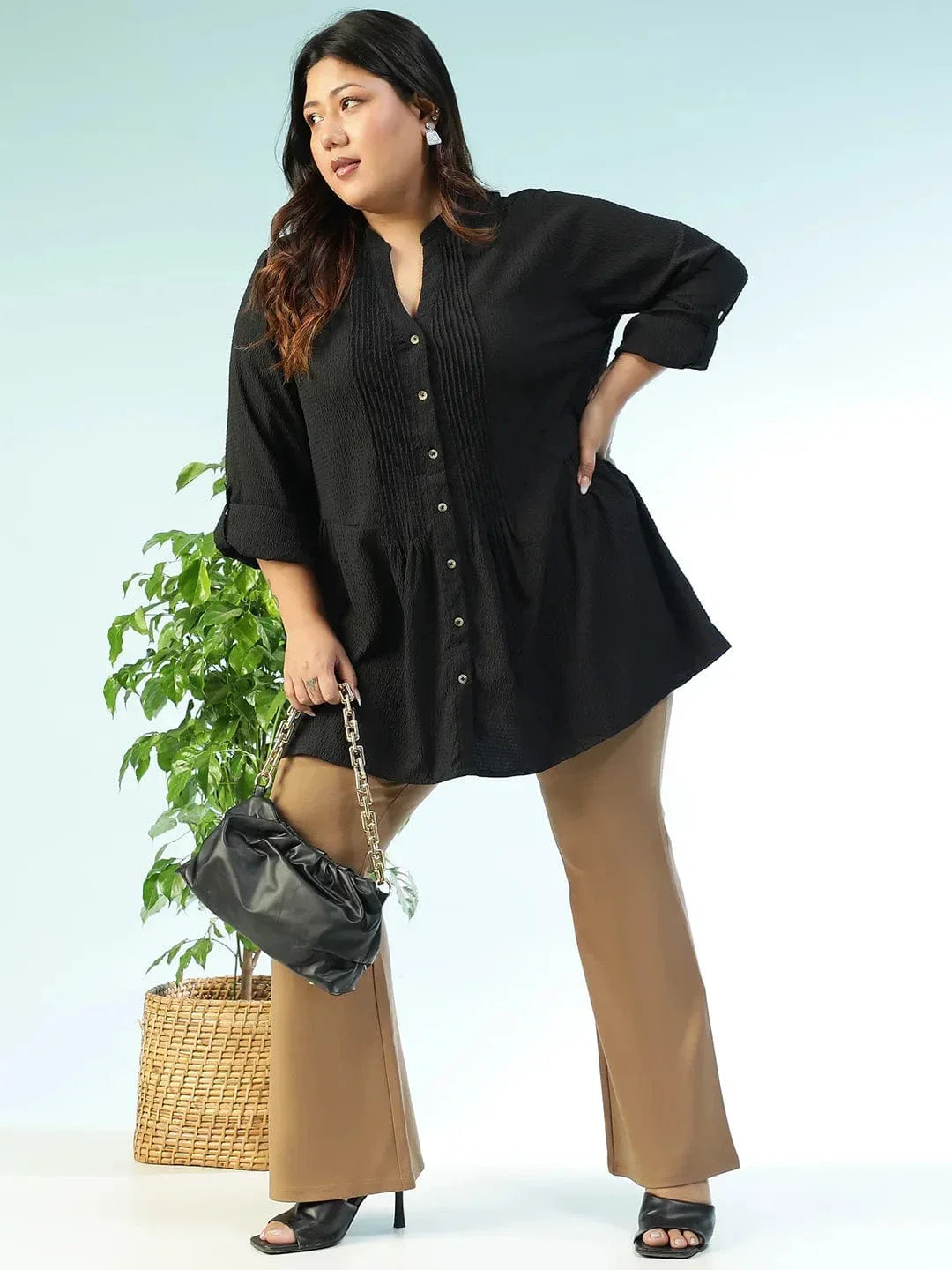zentail-solid-black-long-sleeve-pleates-detail-button-down-plus-size-women-dobby-tunic