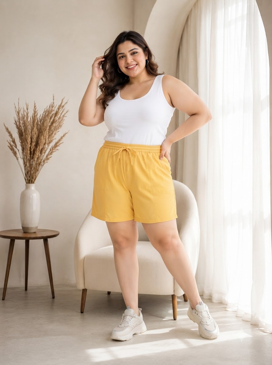 Plus Size Yellow Cotton Short