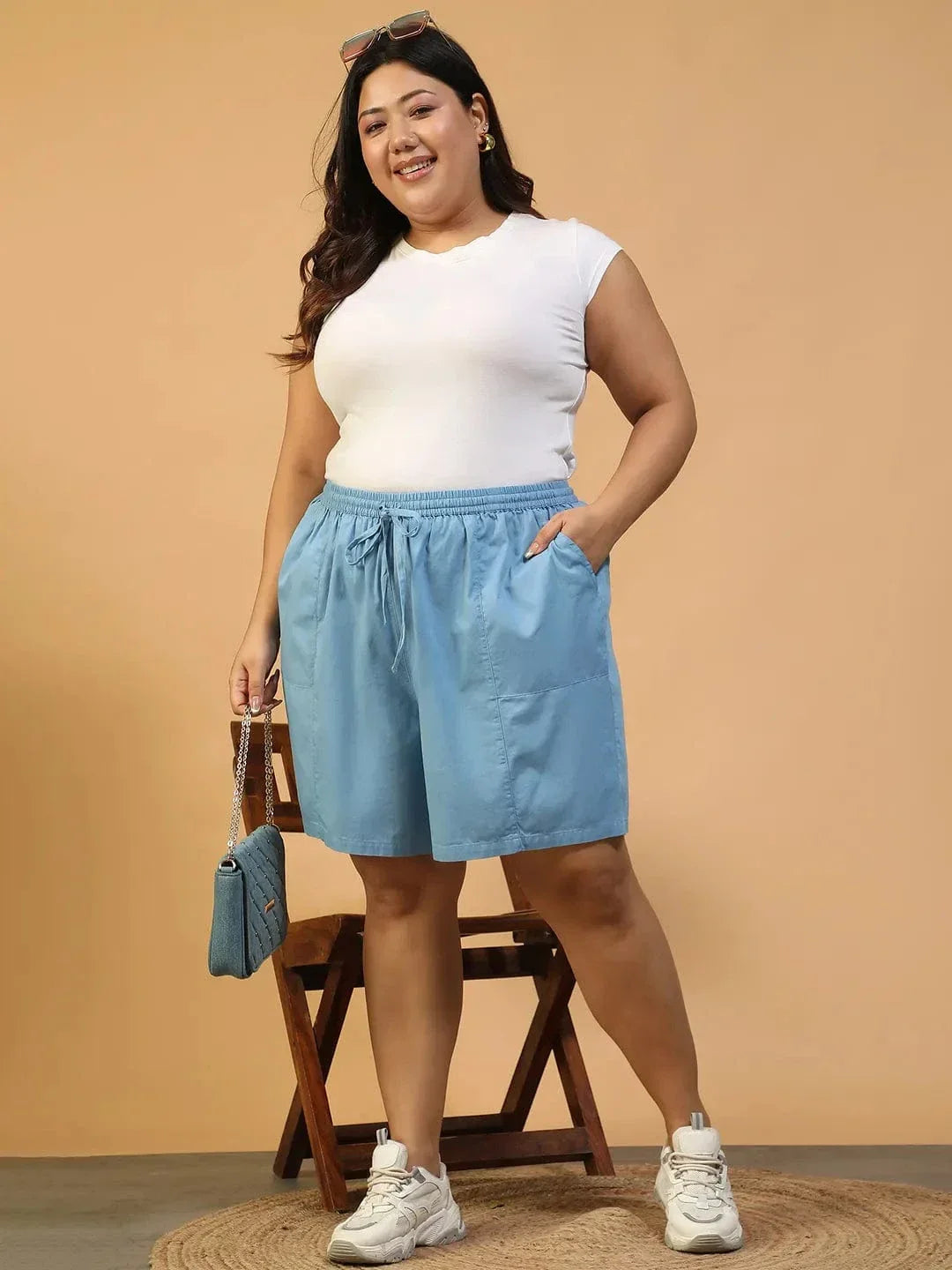 Plus Size Blue Cotton Short