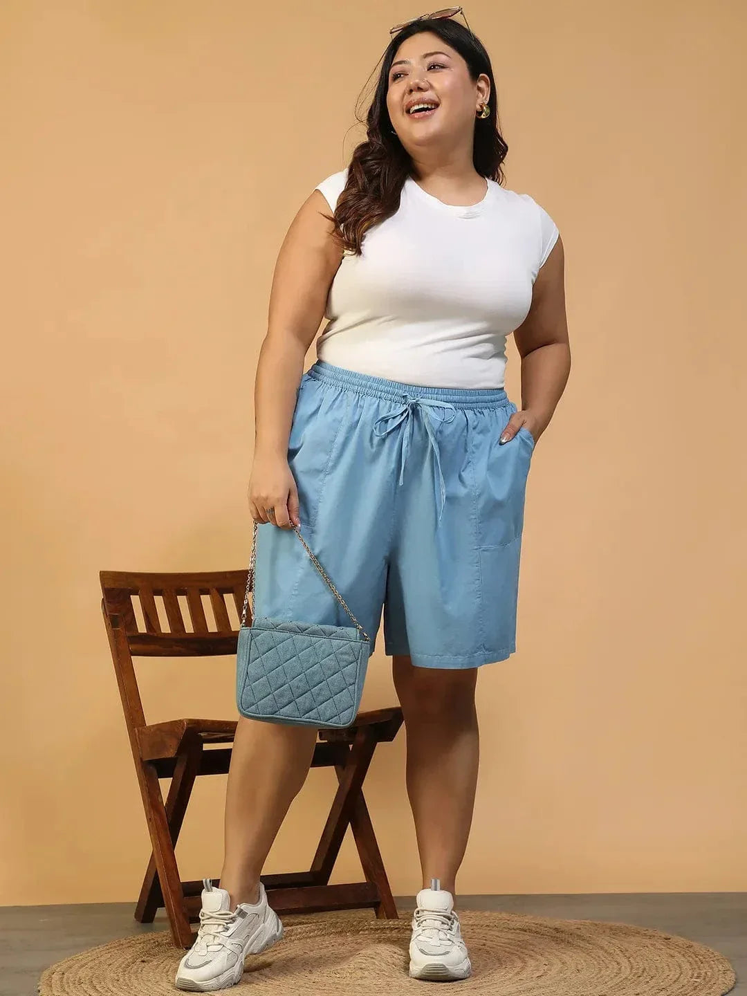 Plus Size Blue Cotton Short