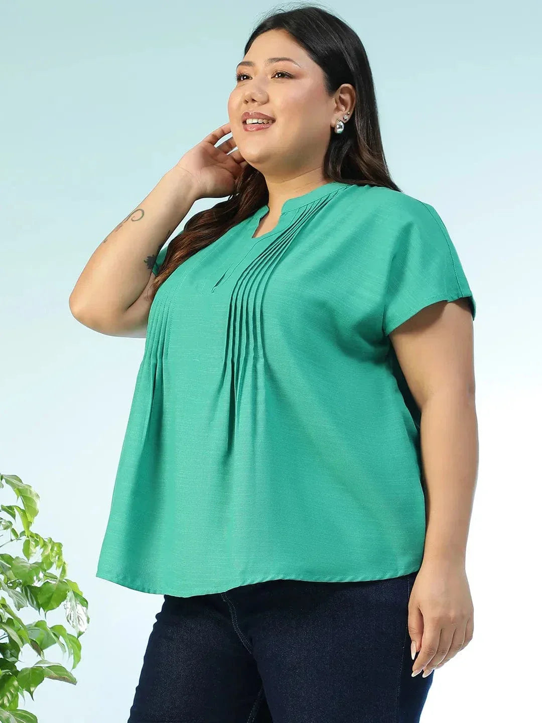 Tonepop Solid Green Pleated Flutter Short Sleeve Plus Size Women Top - oxolloxo