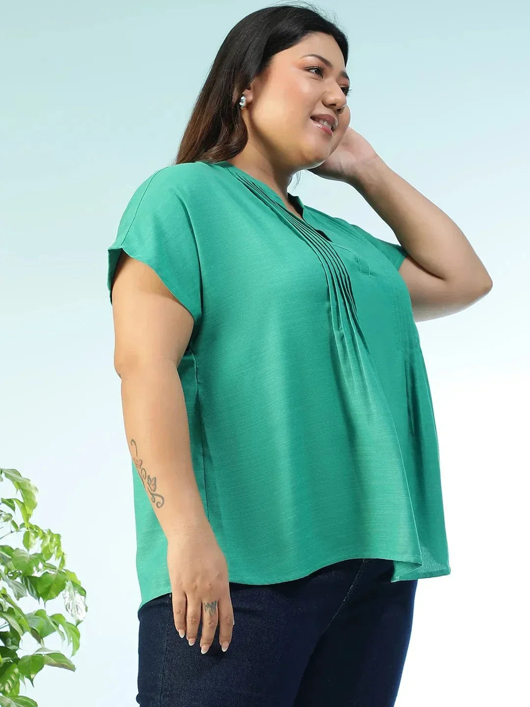 Tonepop Solid Green Pleated Flutter Short Sleeve Plus Size Women Top - oxolloxo