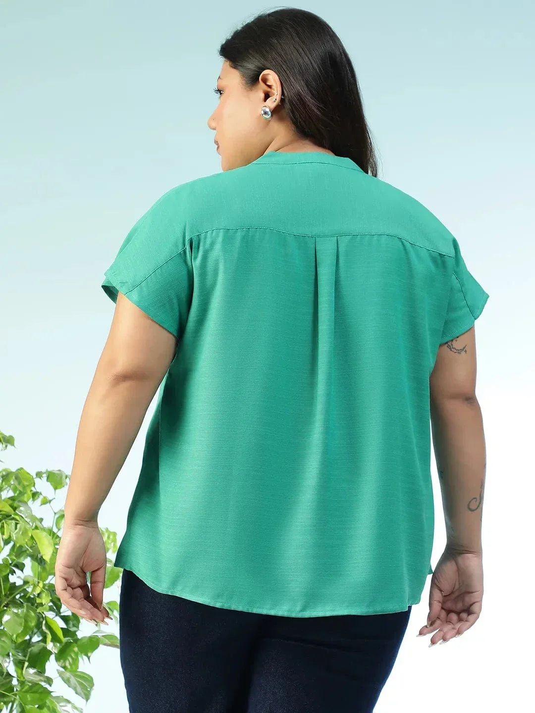 Tonepop Solid Green Pleated Flutter Short Sleeve Plus Size Women Top - oxolloxo