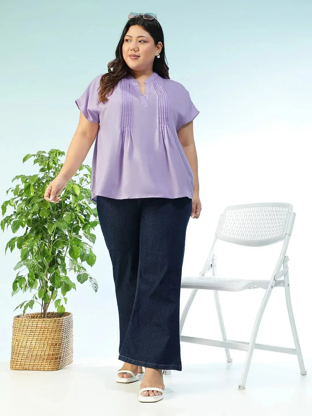 Tint Solid Purple Pleated Flutter Short Sleeve Plus Size Women Top - oxolloxo