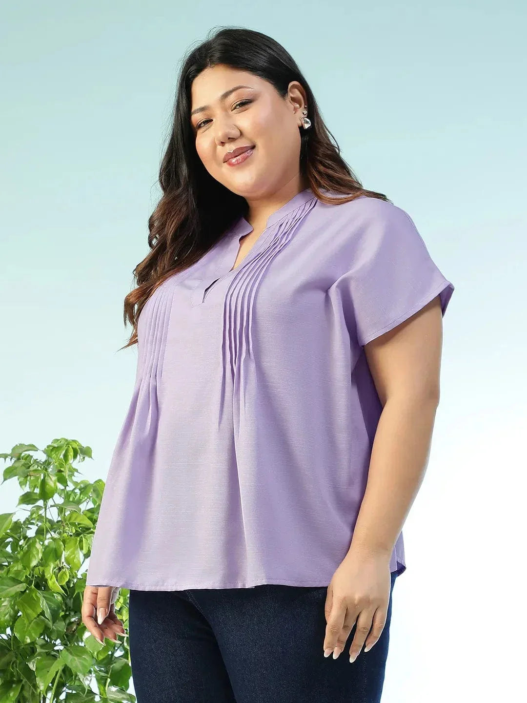 Tint Solid Purple Pleated Flutter Short Sleeve Plus Size Women Top - oxolloxo