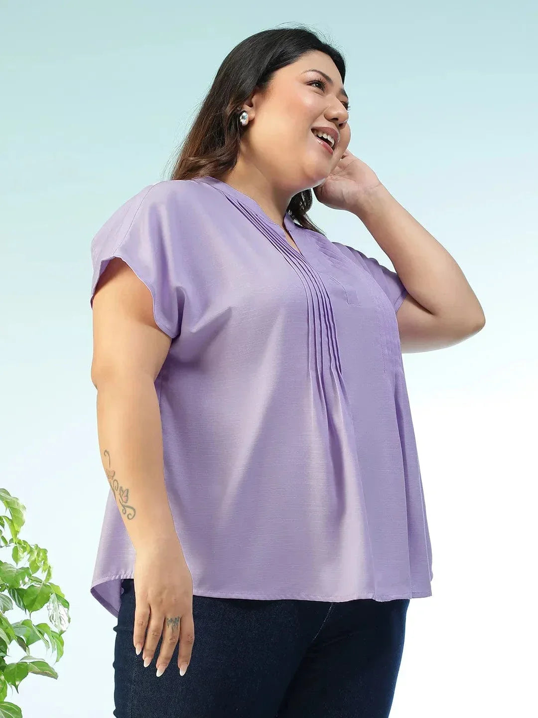 Tint Solid Purple Pleated Flutter Short Sleeve Plus Size Women Top - oxolloxo