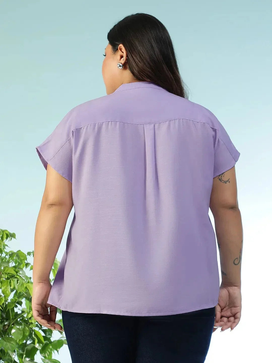 Tint Solid Purple Pleated Flutter Short Sleeve Plus Size Women Top - oxolloxo