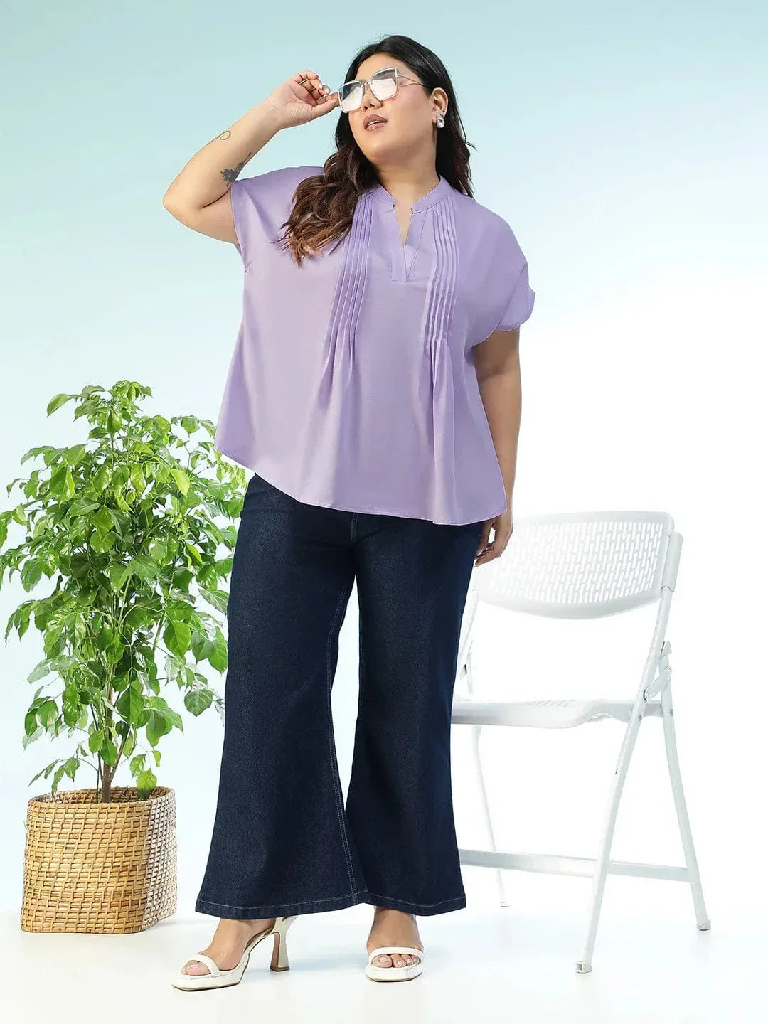 Tint Solid Purple Pleated Flutter Short Sleeve Plus Size Women Top - oxolloxo