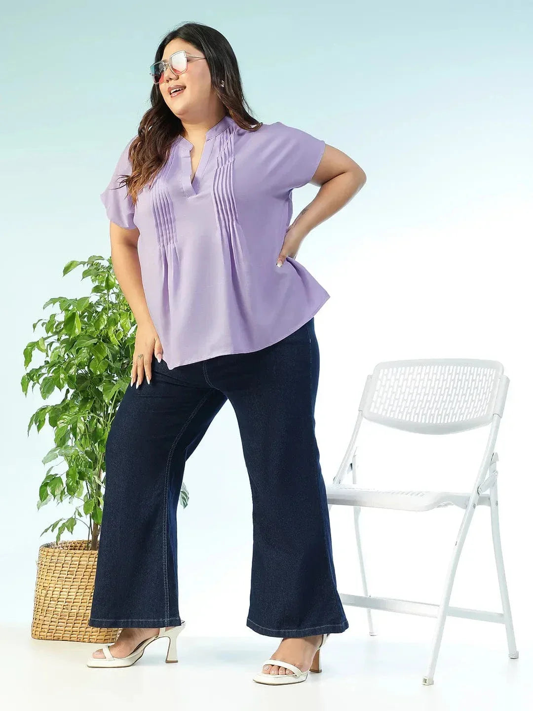 Tint Solid Purple Pleated Flutter Short Sleeve Plus Size Women Top - oxolloxo