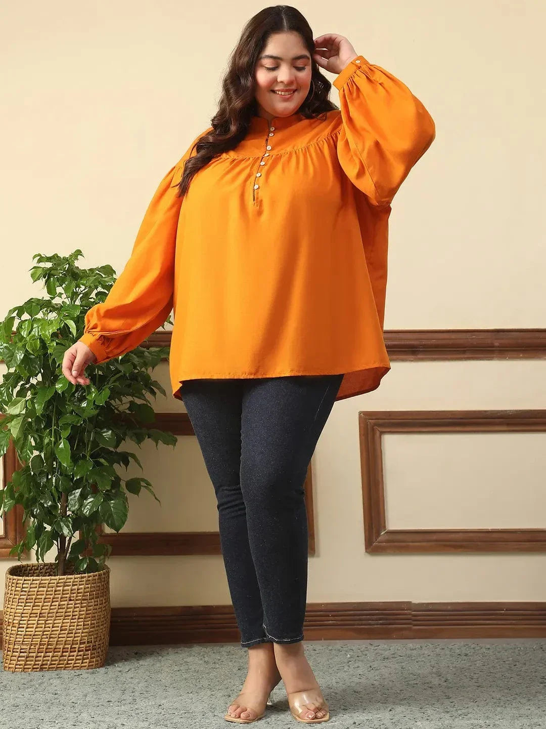 Summer Orange Round Neck With Button Placket Long Lantern Sleeve Plus Size Women Top - oxolloxo