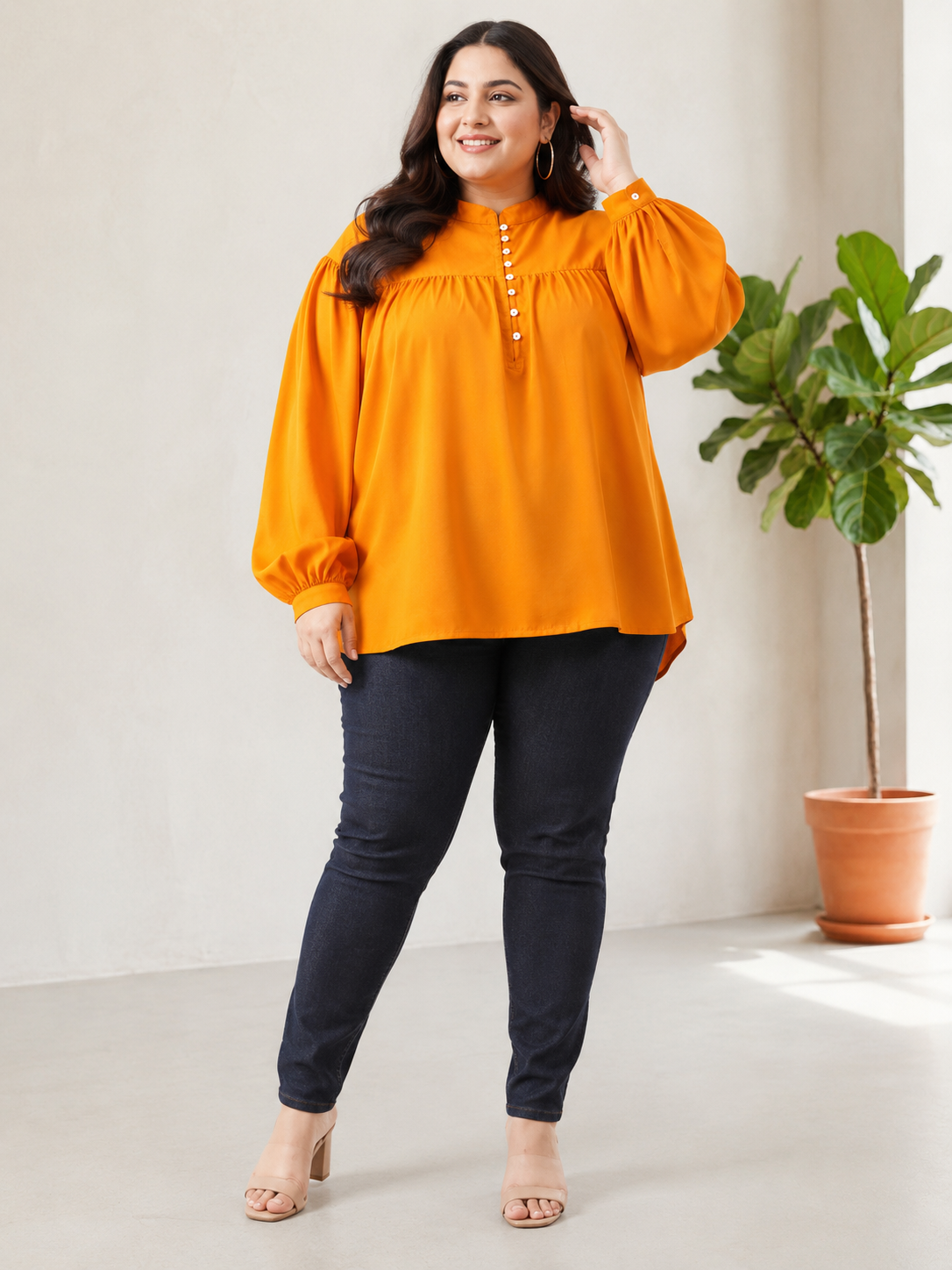 plus size top orange round neck
