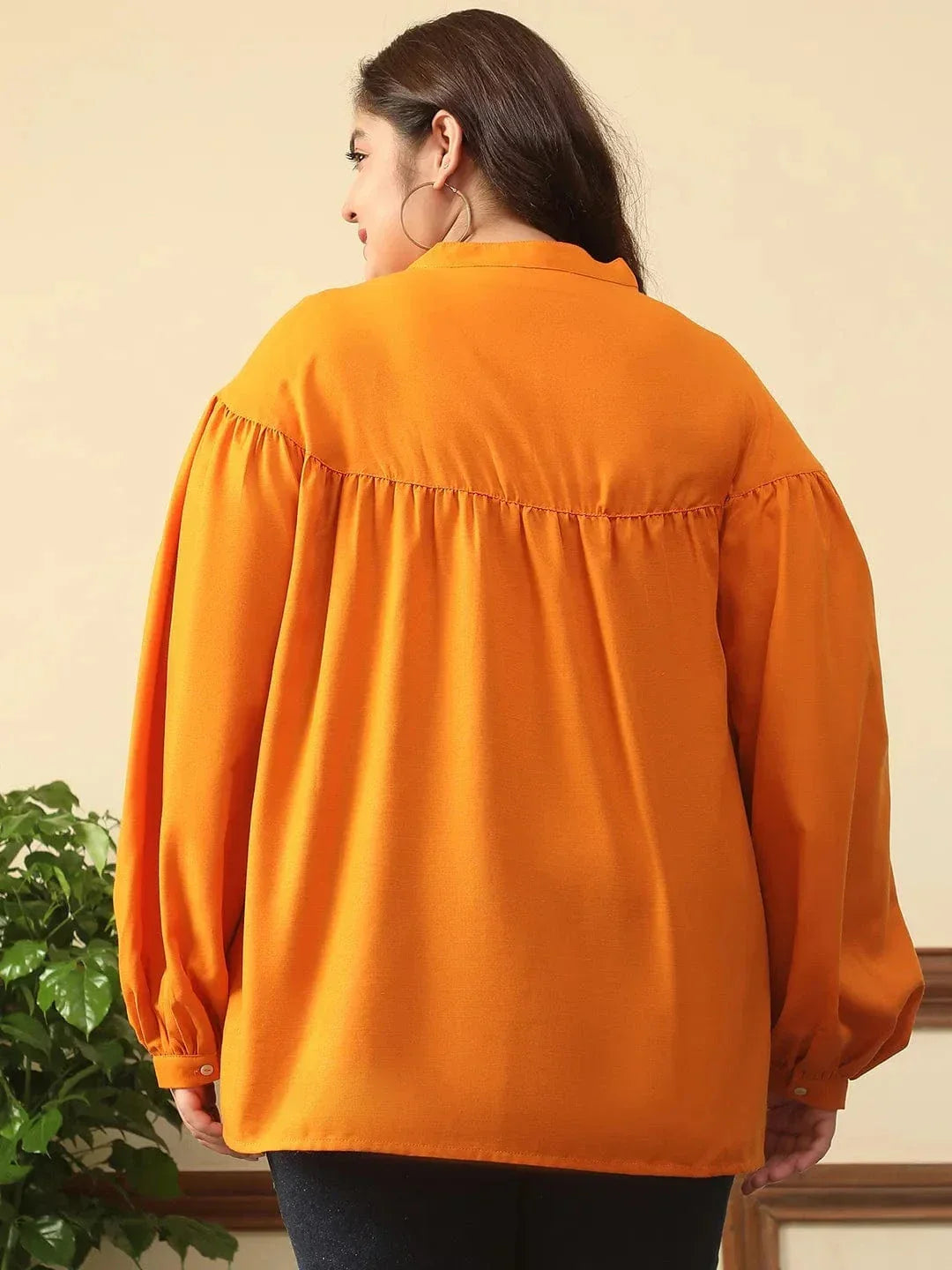 Summer Orange Round Neck With Button Placket Long Lantern Sleeve Plus Size Women Top - oxolloxo