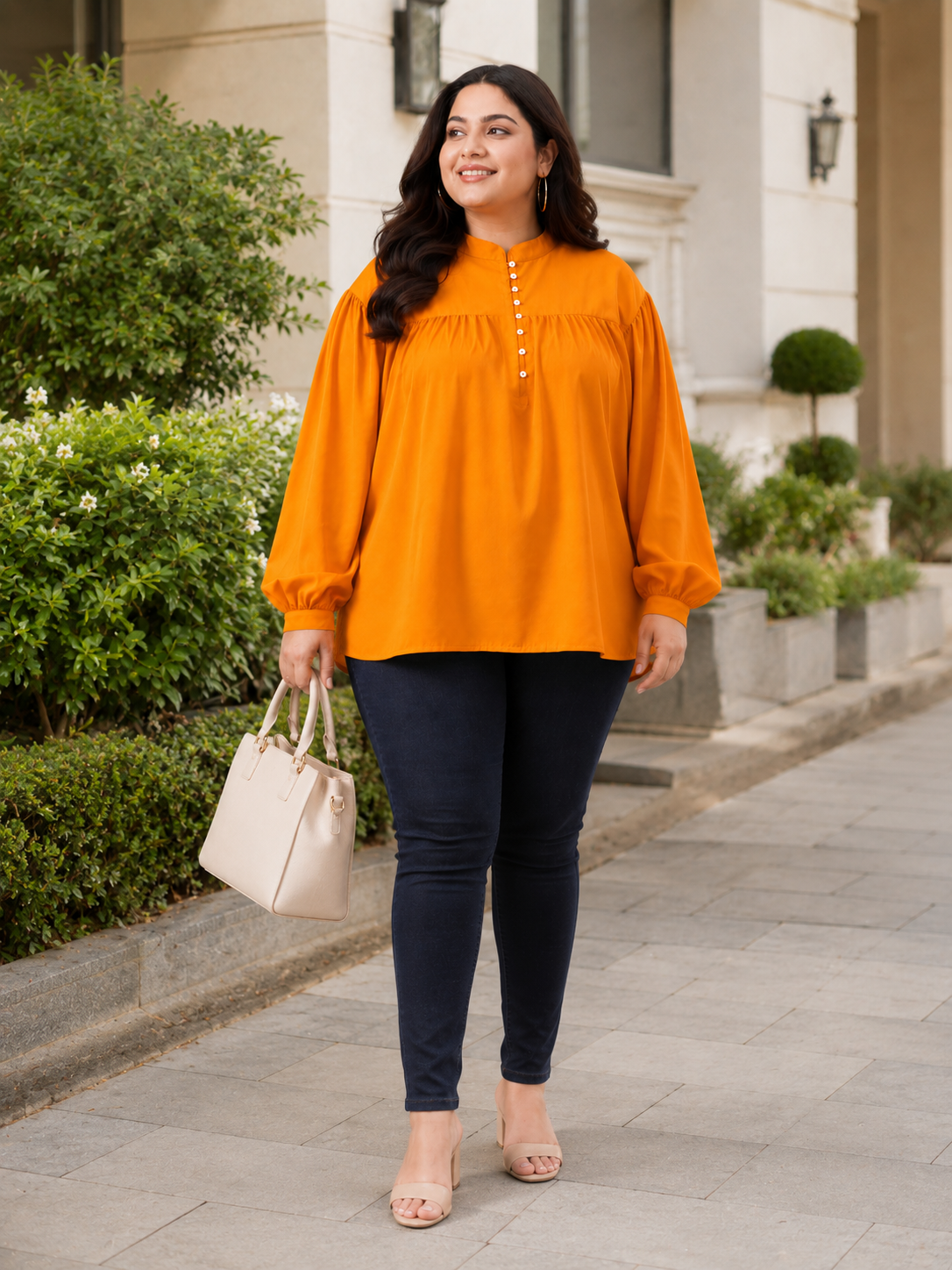 plus size top orange round neck