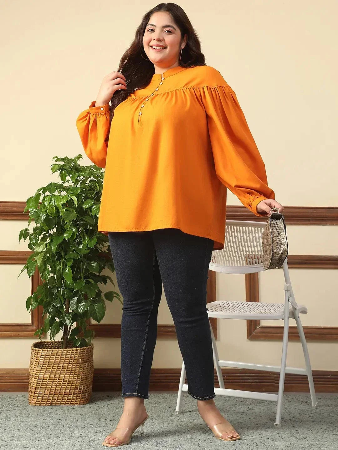Summer Orange Round Neck With Button Placket Long Lantern Sleeve Plus Size Women Top - oxolloxo