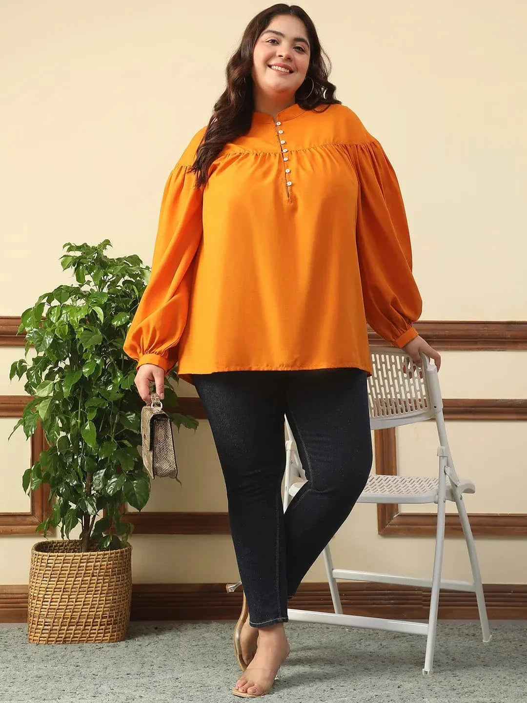 Summer Orange Round Neck With Button Placket Long Lantern Sleeve Plus Size Women Top - oxolloxo