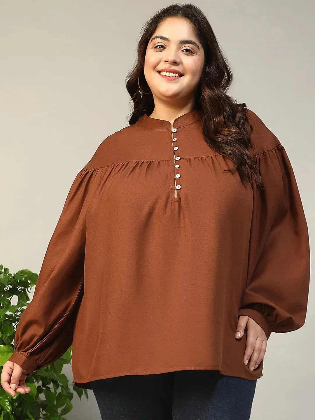Dark Brown Round Neck With Button Placket Long Lantern Sleeve Plus Size Women Top - oxolloxo