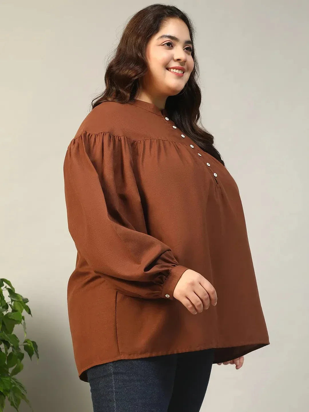 Dark Brown Round Neck With Button Placket Long Lantern Sleeve Plus Size Women Top - oxolloxo