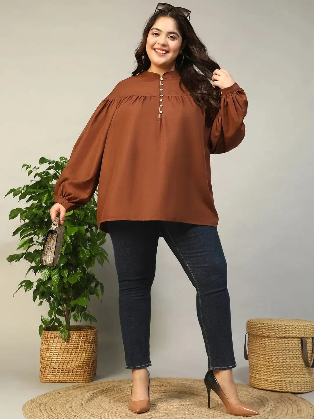 Dark Brown Round Neck With Button Placket Long Lantern Sleeve Plus Size Women Top - oxolloxo