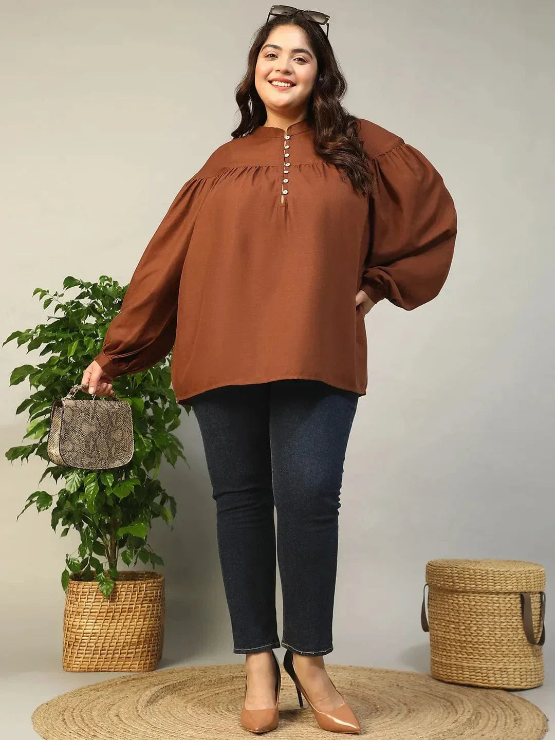 Dark Brown Round Neck With Button Placket Long Lantern Sleeve Plus Size Women Top - oxolloxo