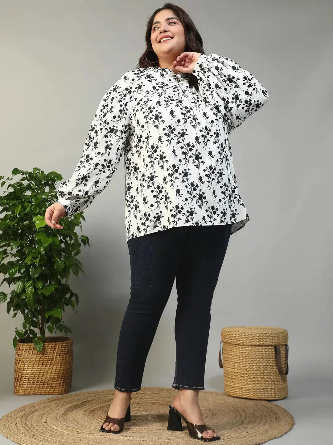 Street White Floral Print Round Neck With Button Placket Long Lantern Sleeve Plus Size Women Top - oxolloxo