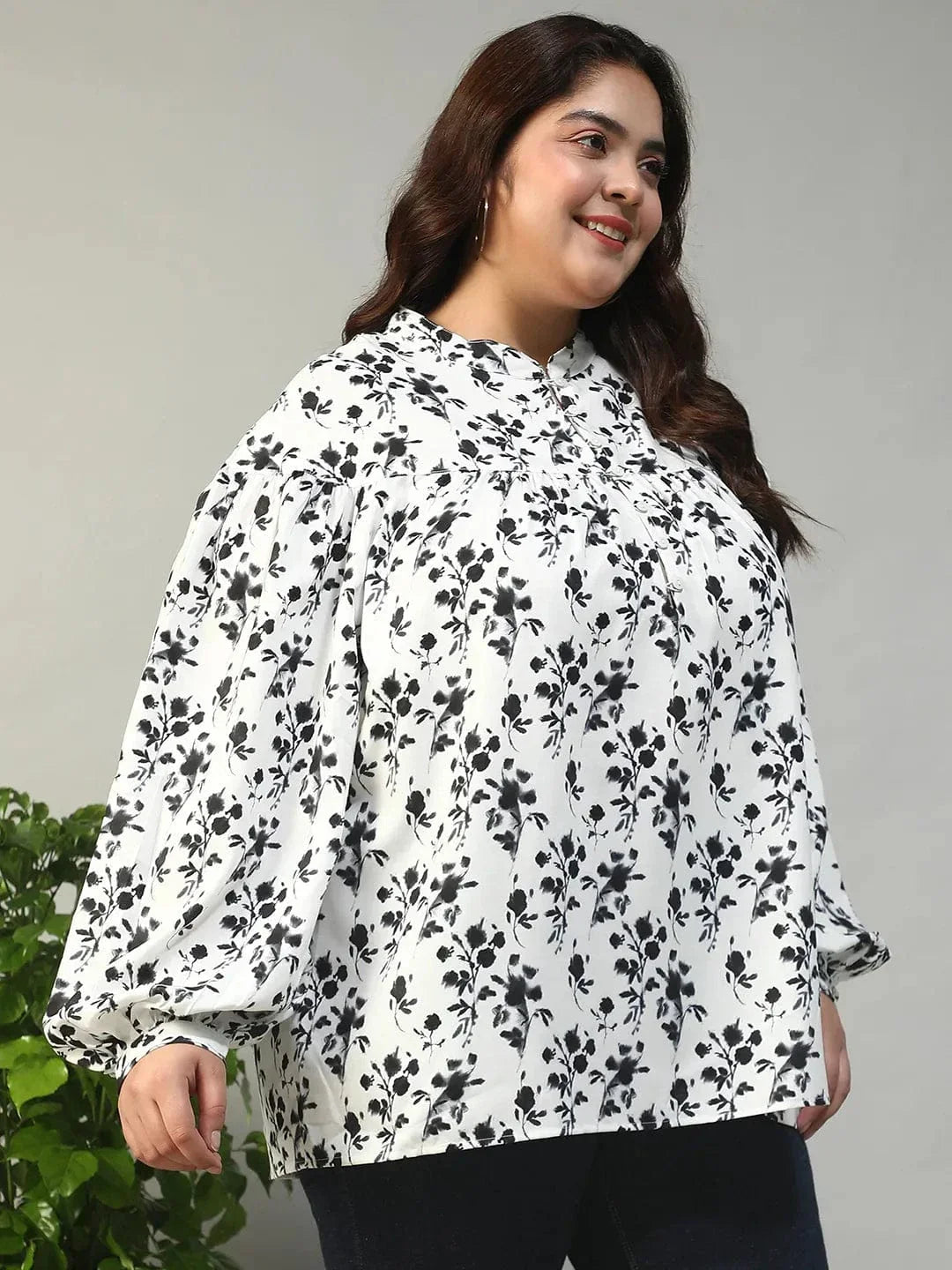 Street White Floral Print Round Neck With Button Placket Long Lantern Sleeve Plus Size Women Top - oxolloxo