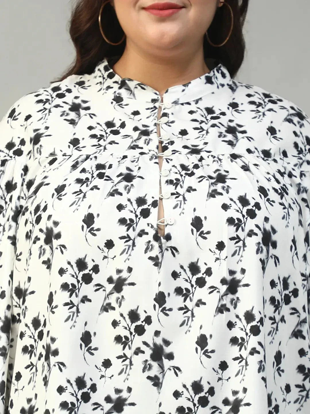 Street White Floral Print Round Neck With Button Placket Long Lantern Sleeve Plus Size Women Top - oxolloxo