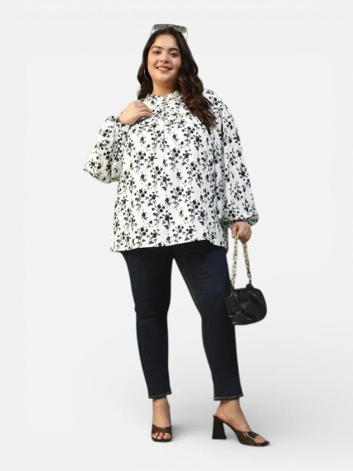 Plus Size White Floral Printed Top
