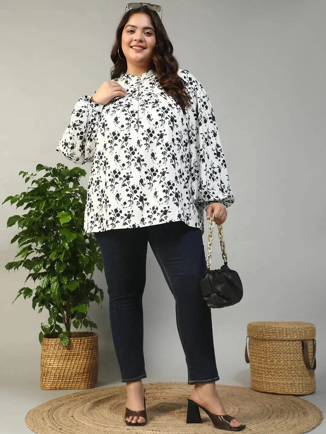 Street White Floral Print Round Neck With Button Placket Long Lantern Sleeve Plus Size Women Top - oxolloxo