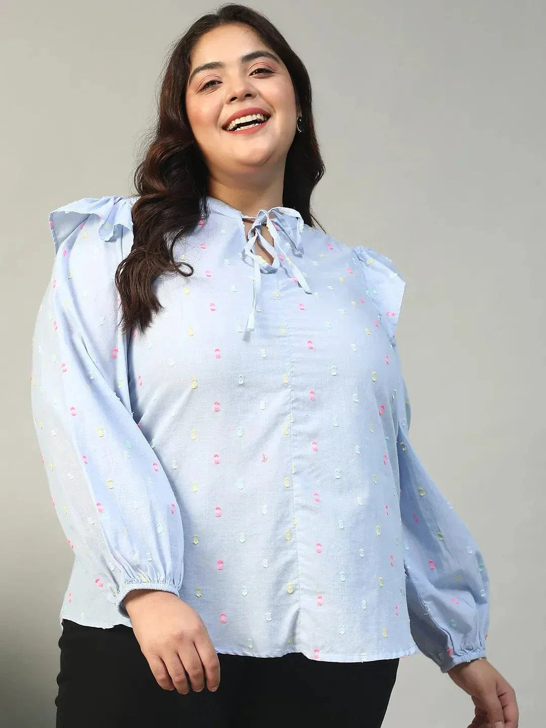 Fresher Blue Round Neck With Tie-Up Detail Long Sleeve Ruffle Flair Plus Size Women Cotton Dobby Top - oxolloxo