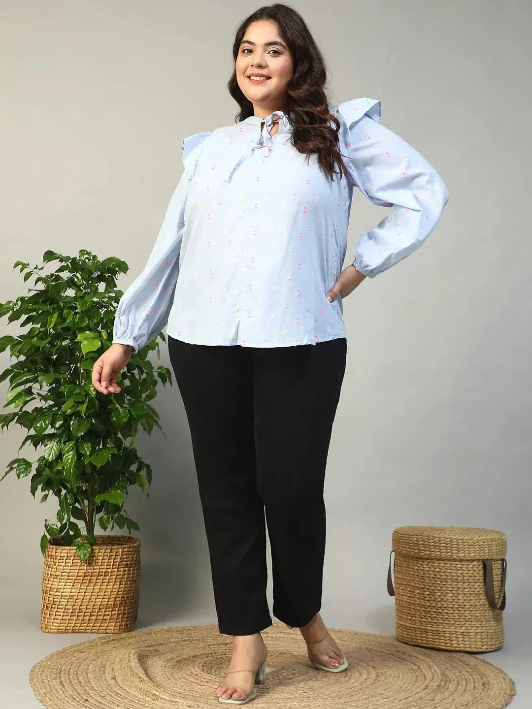 Fresher Blue Round Neck With Tie-Up Detail Long Sleeve Ruffle Flair Plus Size Women Cotton Dobby Top - oxolloxo