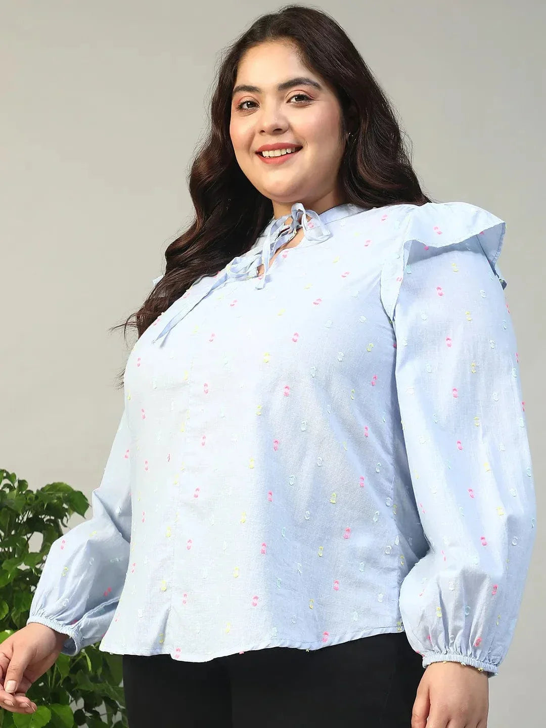 Fresher Blue Round Neck With Tie-Up Detail Long Sleeve Ruffle Flair Plus Size Women Cotton Dobby Top - oxolloxo