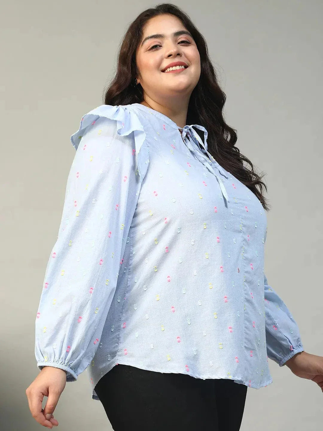 Fresher Blue Round Neck With Tie-Up Detail Long Sleeve Ruffle Flair Plus Size Women Cotton Dobby Top - oxolloxo