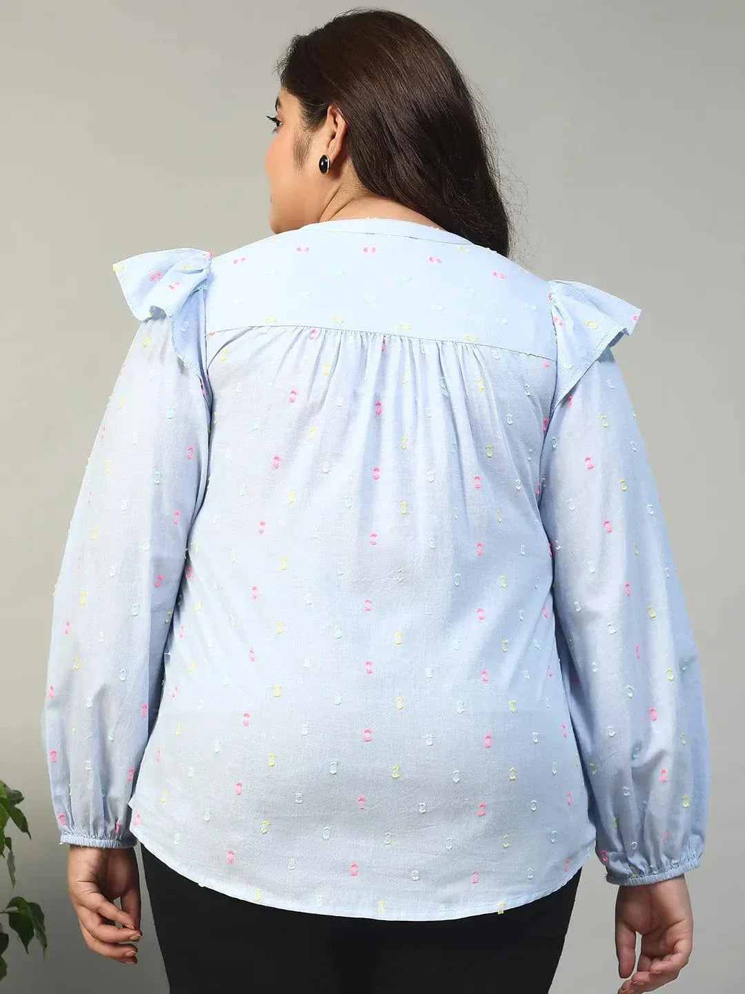 Fresher Blue Round Neck With Tie-Up Detail Long Sleeve Ruffle Flair Plus Size Women Cotton Dobby Top - oxolloxo