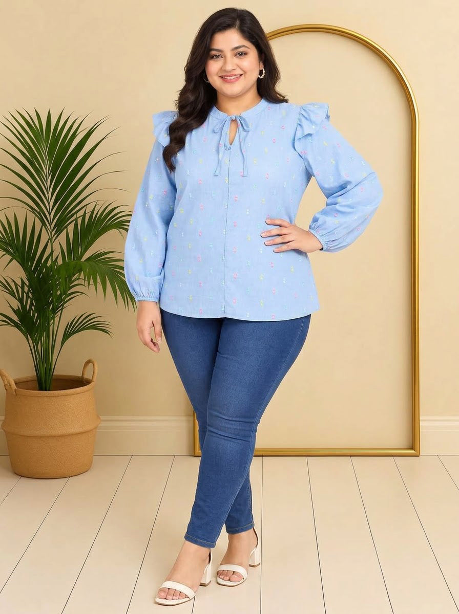 Plus Size Blue Cotton Top