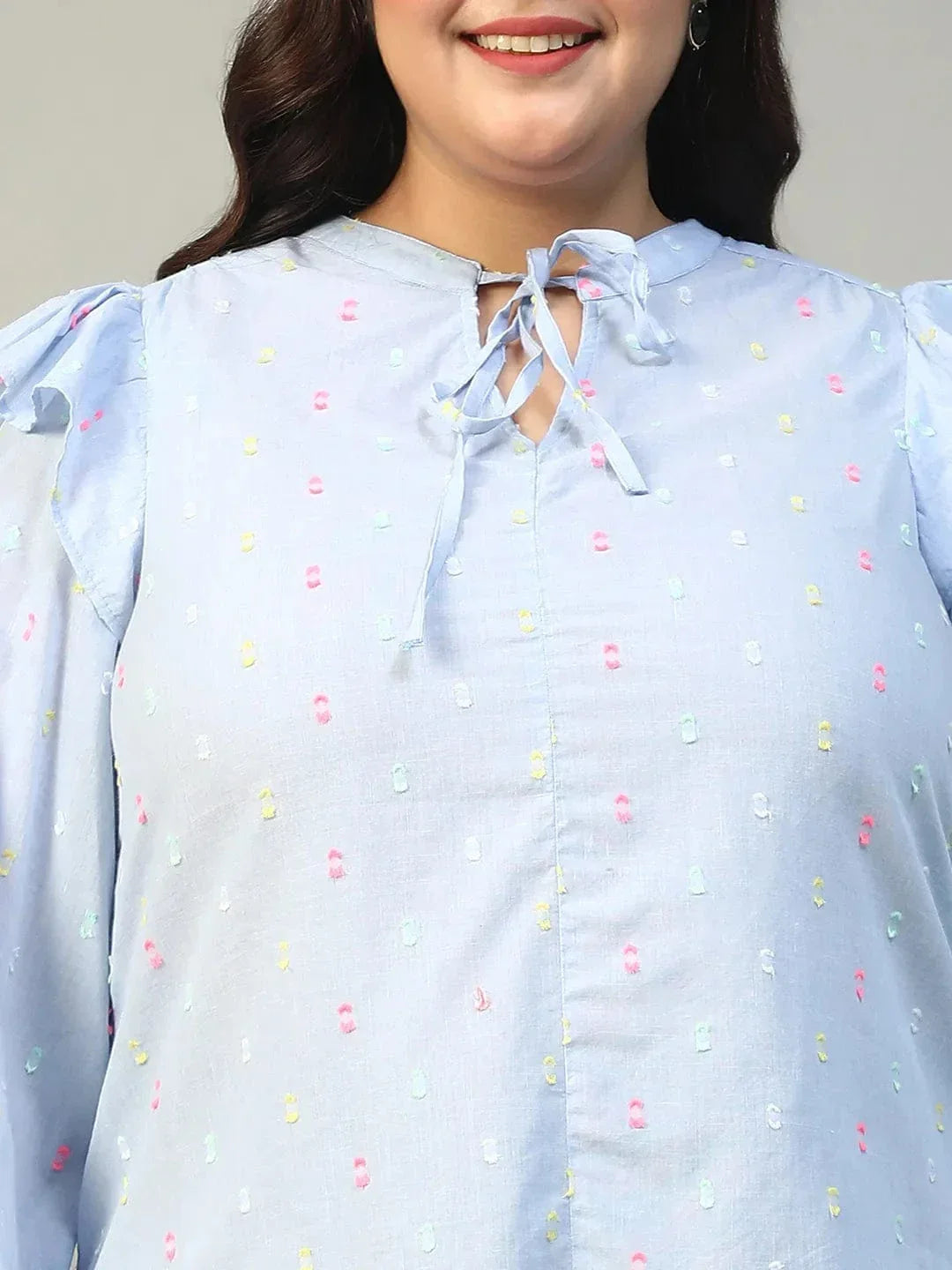 Fresher Blue Round Neck With Tie-Up Detail Long Sleeve Ruffle Flair Plus Size Women Cotton Dobby Top - oxolloxo