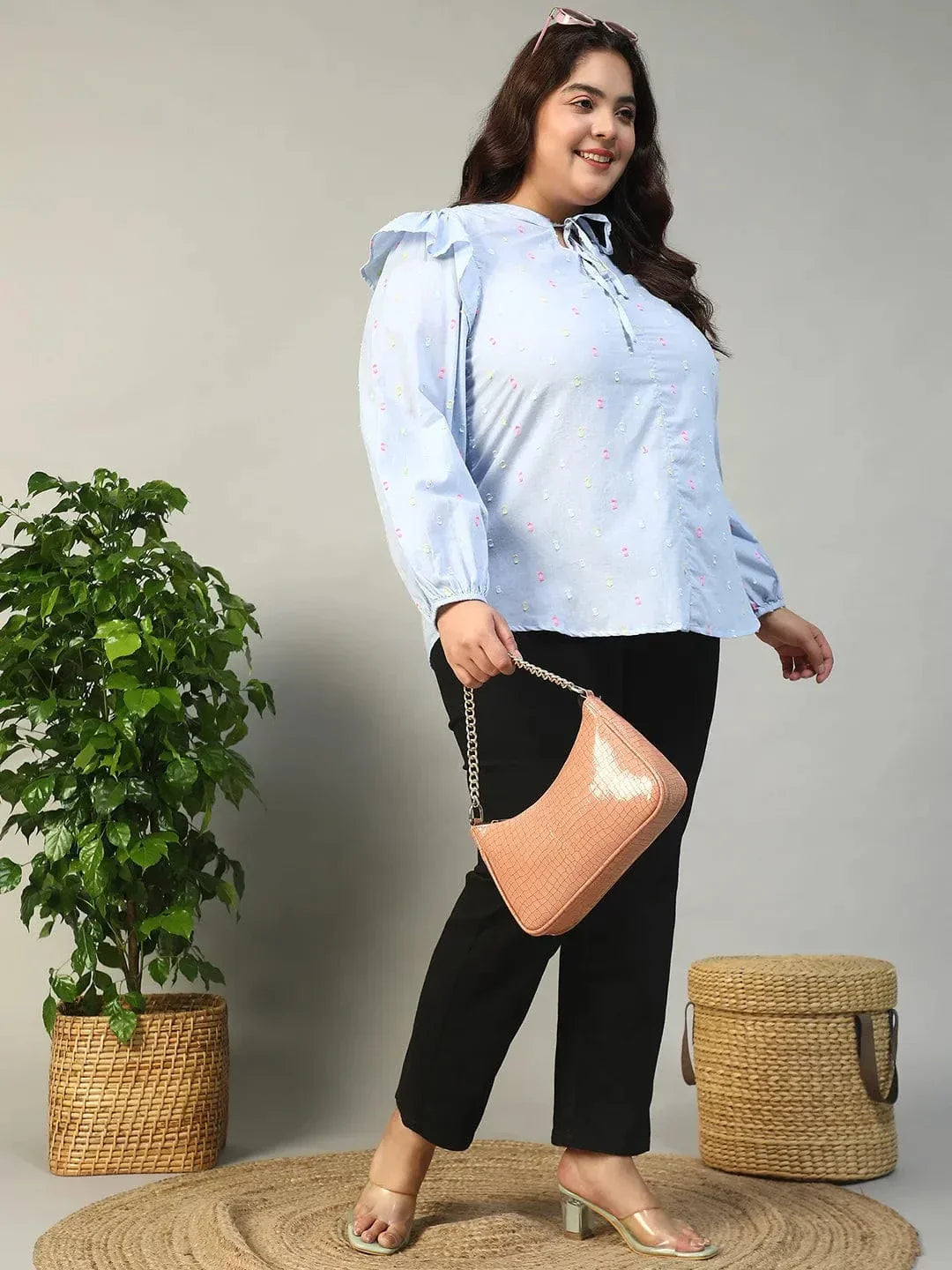 Fresher Blue Round Neck With Tie-Up Detail Long Sleeve Ruffle Flair Plus Size Women Cotton Dobby Top - oxolloxo