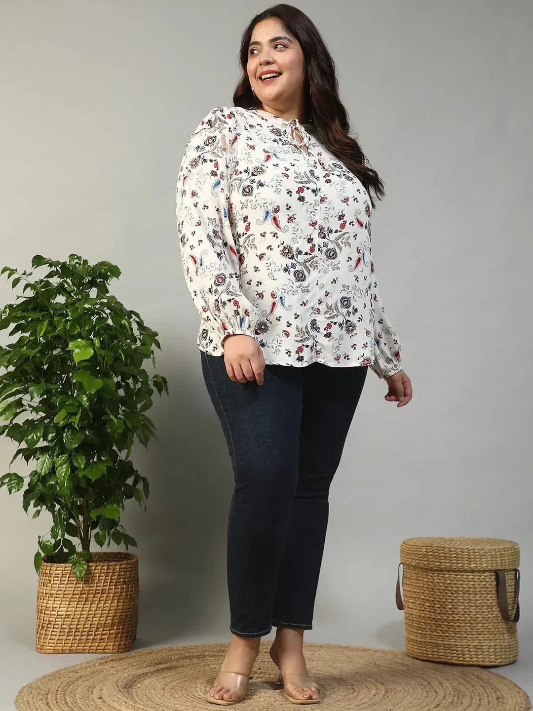 Multicolor Floral Print Round Neck With Tie-Up Detail Long Sleeve Ruffle Flair Plus Size Women Top - oxolloxo