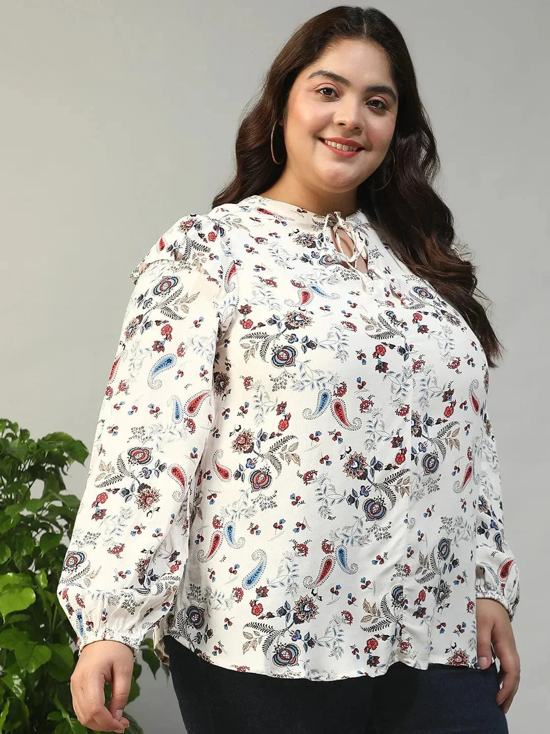 Multicolor Floral Print Round Neck With Tie-Up Detail Long Sleeve Ruffle Flair Plus Size Women Top - oxolloxo