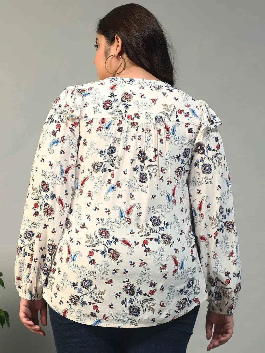 Multicolor Floral Print Round Neck With Tie-Up Detail Long Sleeve Ruffle Flair Plus Size Women Top - oxolloxo