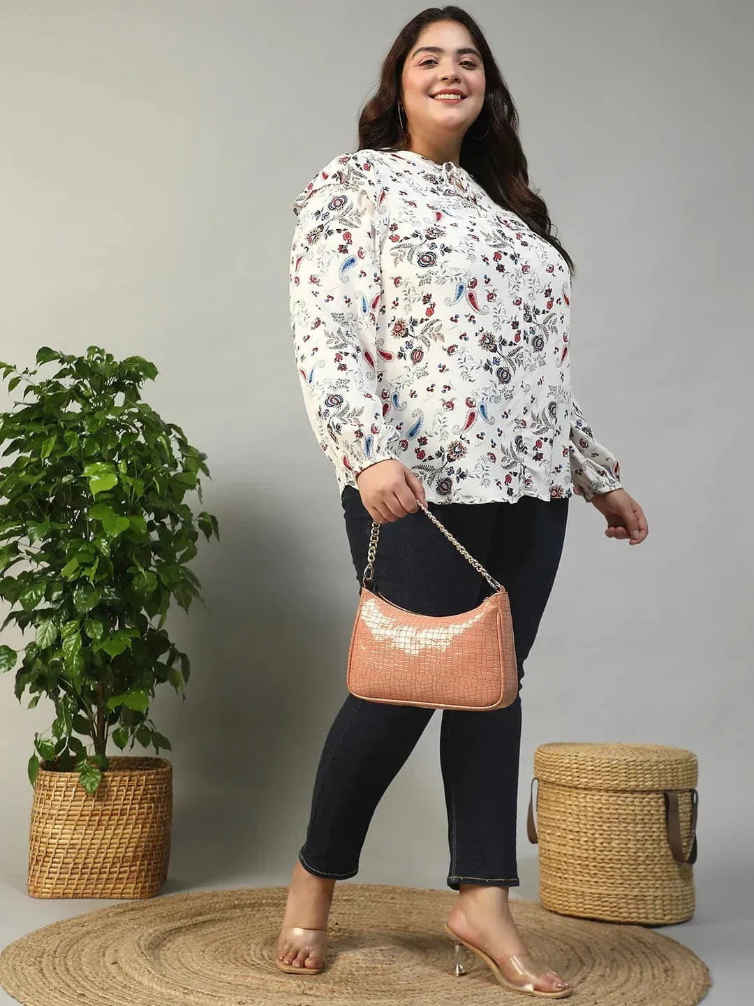 Multicolor Floral Print Round Neck With Tie-Up Detail Long Sleeve Ruffle Flair Plus Size Women Top - oxolloxo