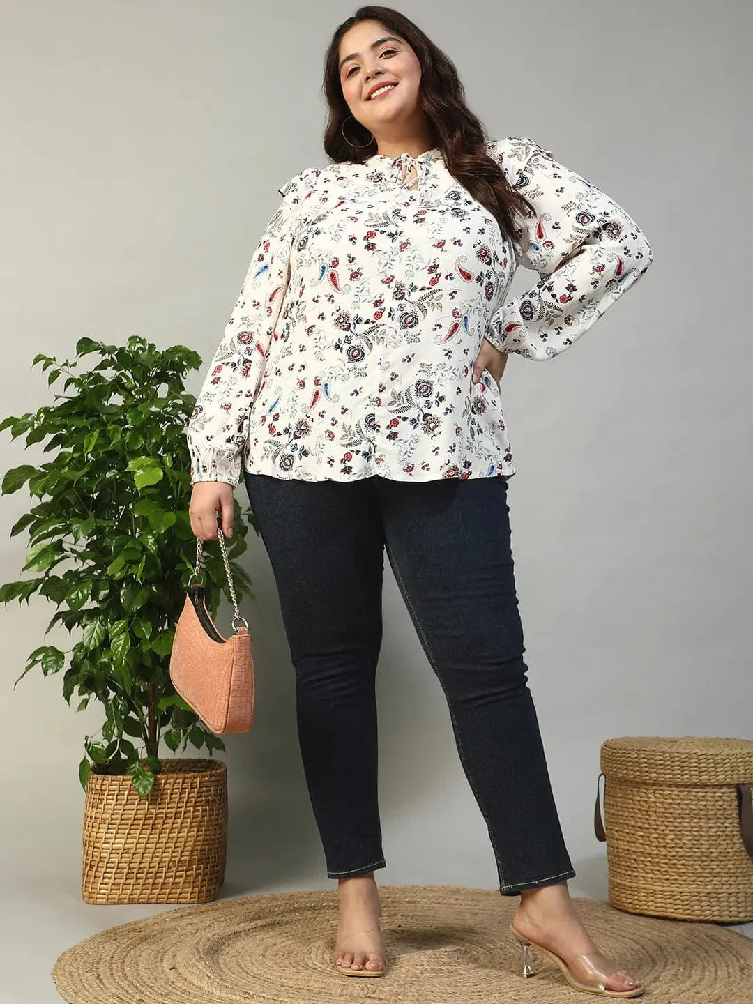 Multicolor Floral Print Round Neck With Tie-Up Detail Long Sleeve Ruffle Flair Plus Size Women Top - oxolloxo