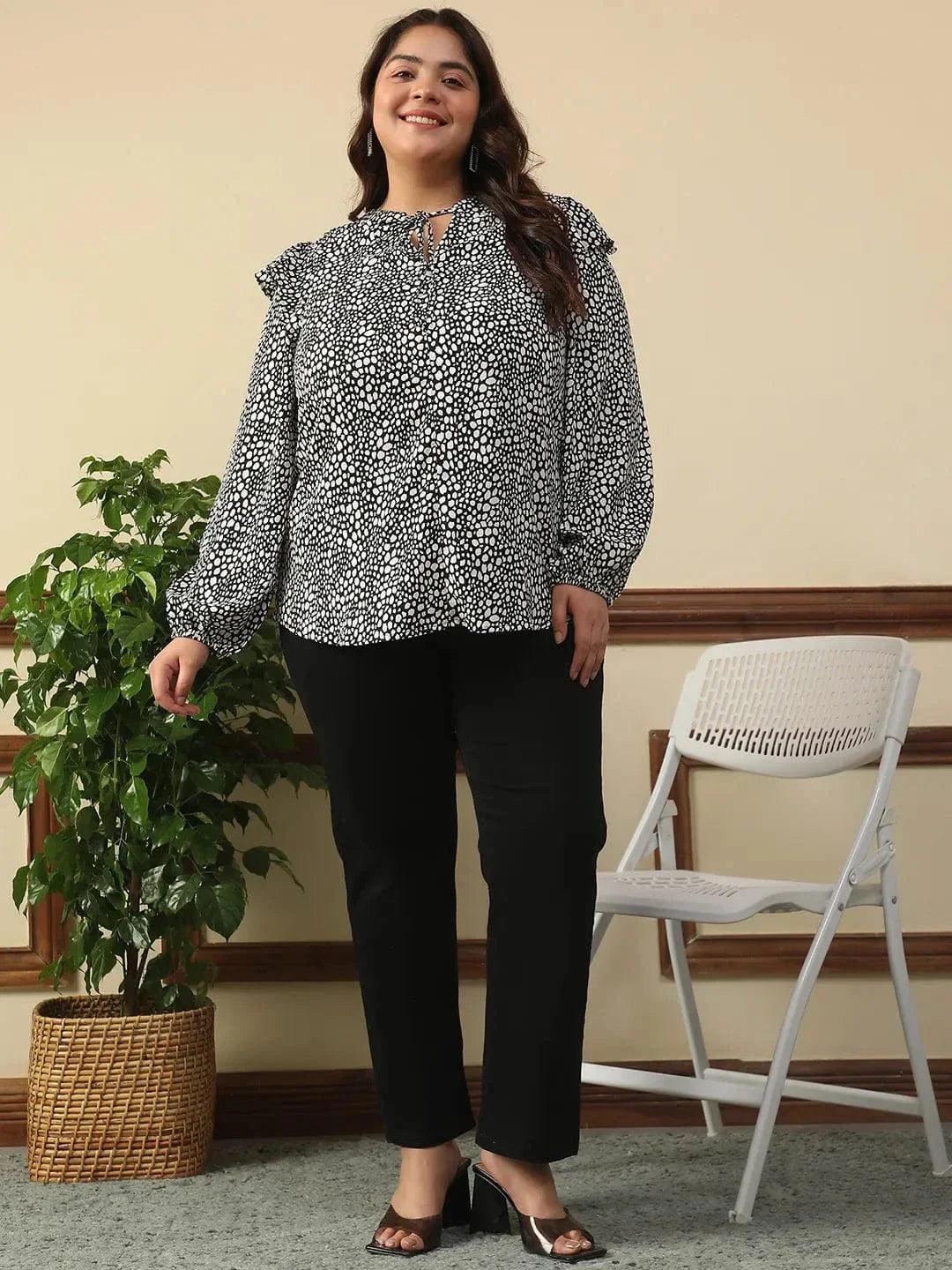 Bitzy Black Animal Print Round Neck With Tie-Up Detail Long Sleeve Ruffle Flair Plus Size Women Top - oxolloxo