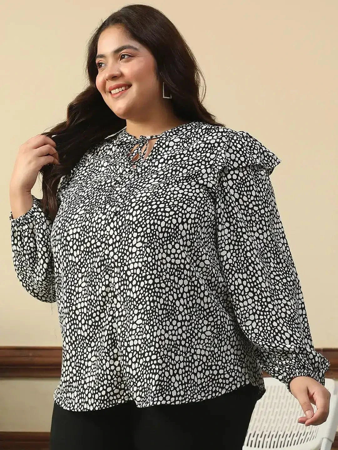 Bitzy Black Animal Print Round Neck With Tie-Up Detail Long Sleeve Ruffle Flair Plus Size Women Top - oxolloxo