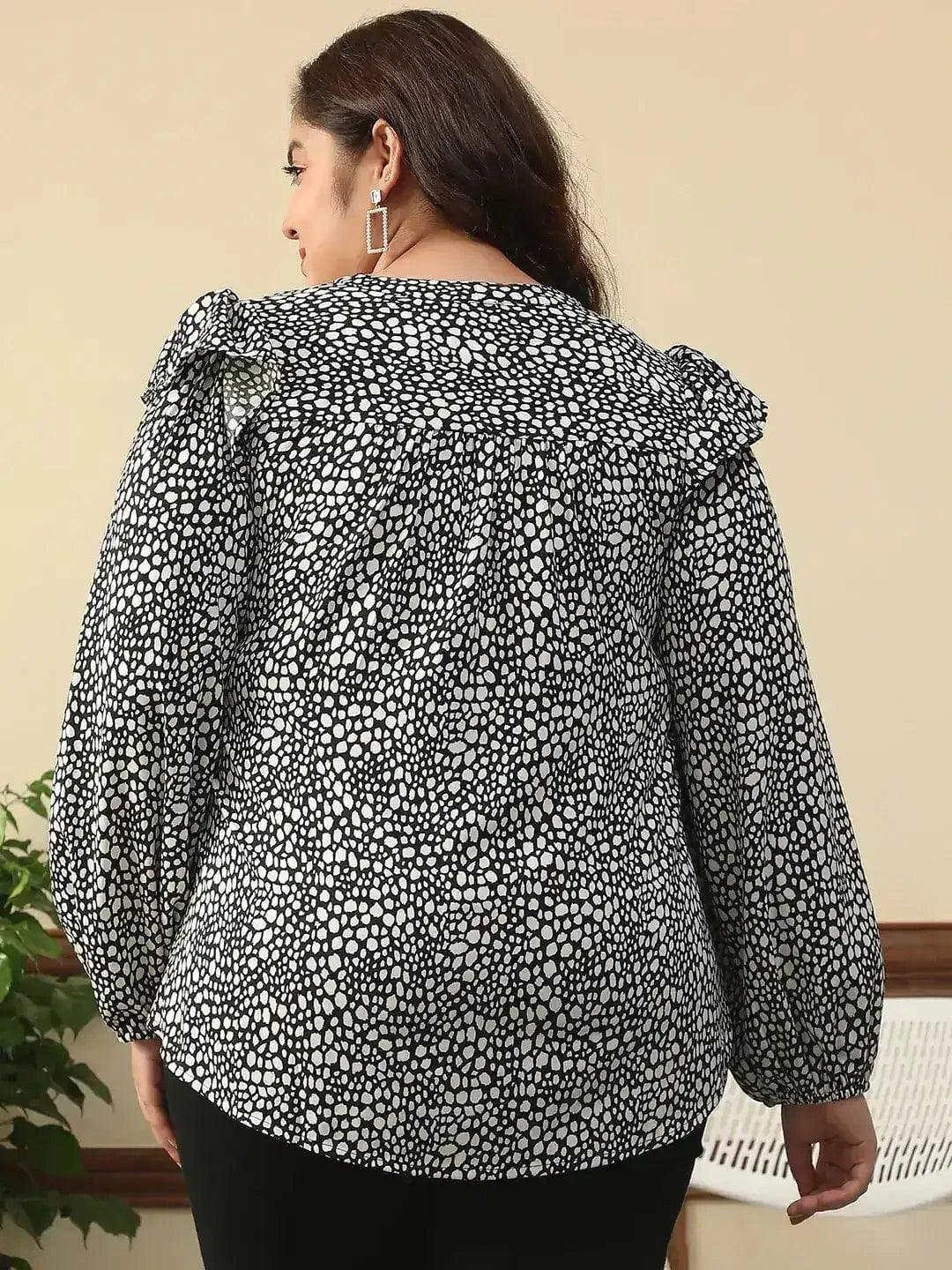 Bitzy Black Animal Print Round Neck With Tie-Up Detail Long Sleeve Ruffle Flair Plus Size Women Top - oxolloxo