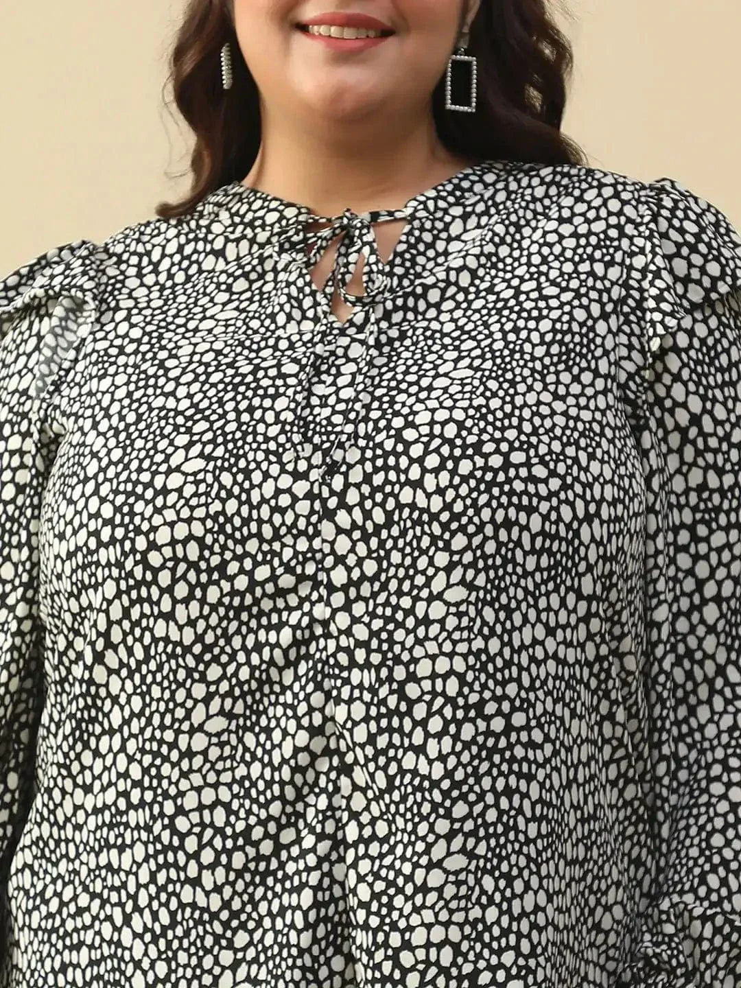 Bitzy Black Animal Print Round Neck With Tie-Up Detail Long Sleeve Ruffle Flair Plus Size Women Top - oxolloxo