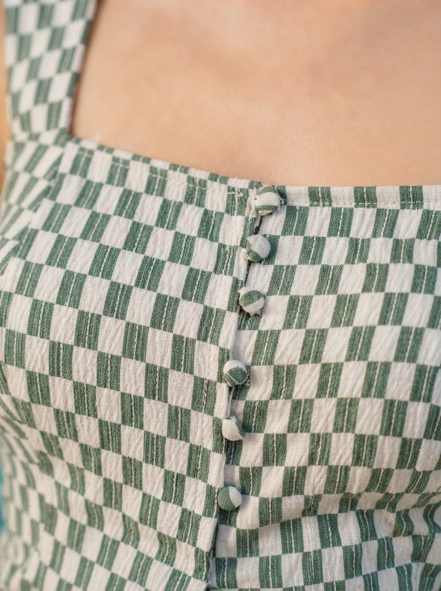 Green and white checkered top with front buttons, plus size women's fashion