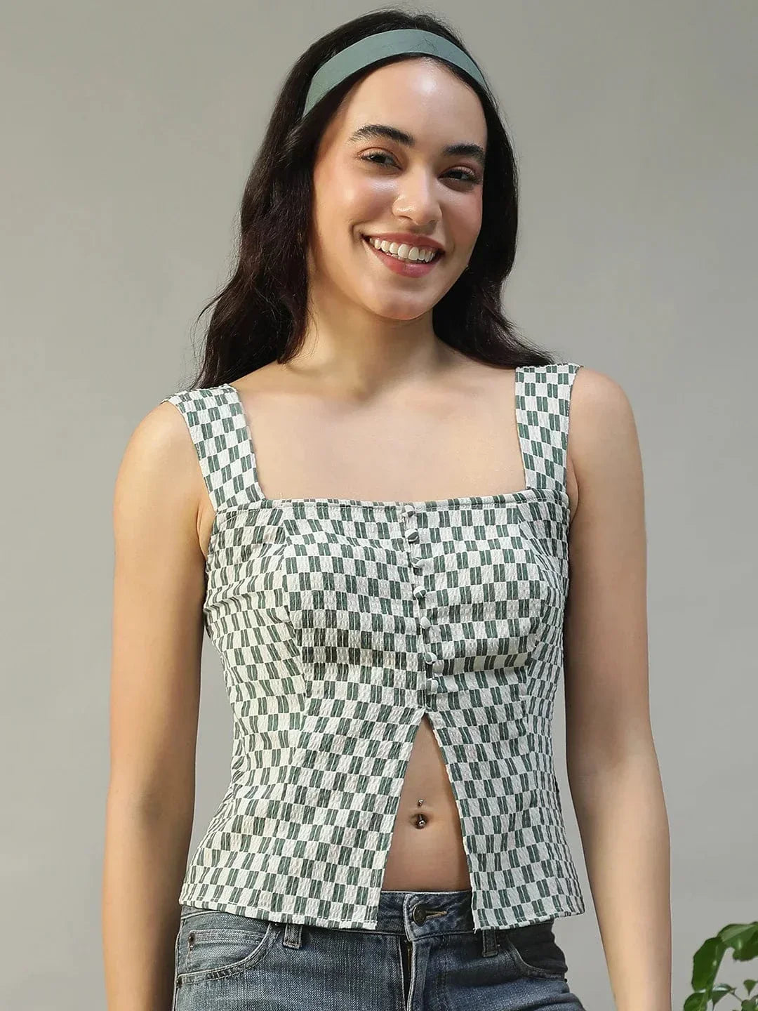 Forward Green Check Print Smocked Button Down Women Seersucker Dobby Top - oxolloxo